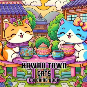 Kawaii town cats coloring book for adults and teens
